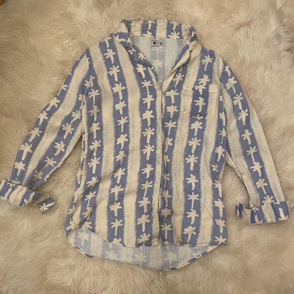 Desmond & Dempsey M Linen Shirt | Blue Palm Tree Print, 100% Linen, Portugal - Picture 1 of 9